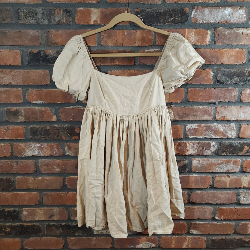 Mable Marlowe Tan Puff Sleeve Mini Peasant Babydoll Dress Cottagecore Women's S - Picture 5 of 9